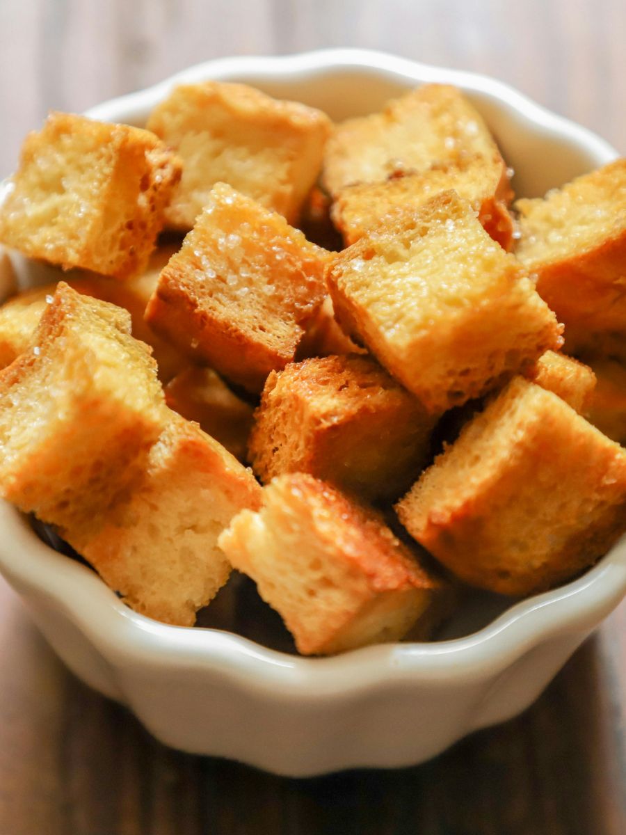 A bowl of croutons.