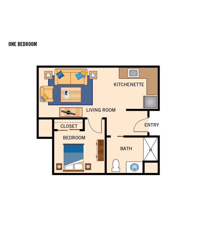 Assisted living one bedroom floor plan.