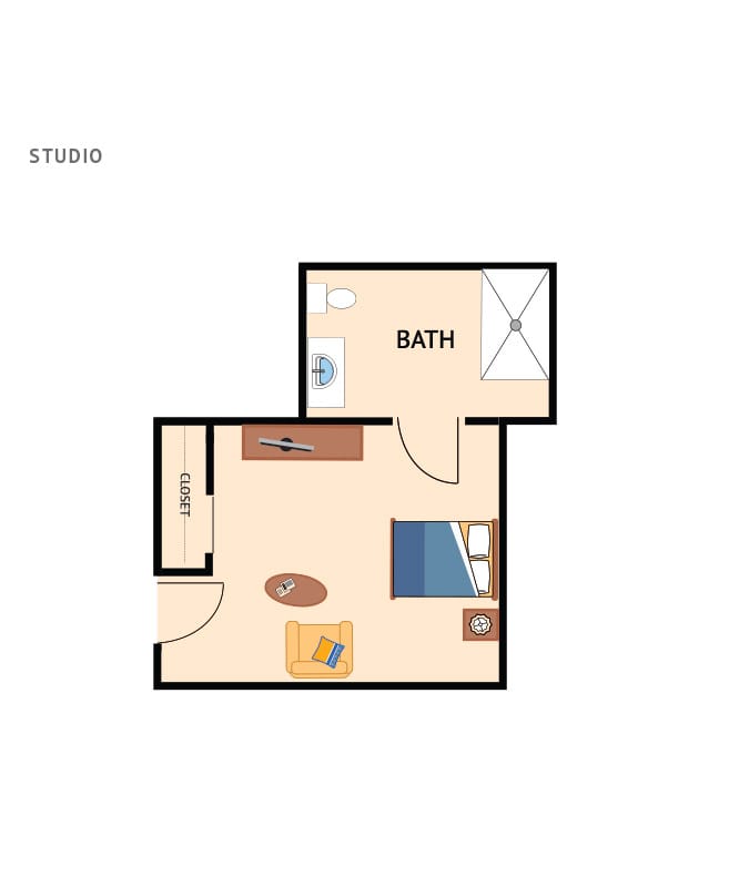 Memory care studio floor plan for The Watermark at East Hill.