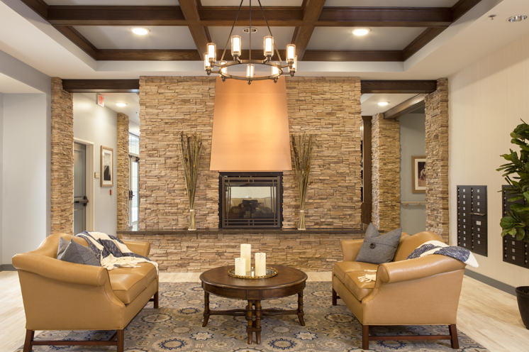 Parkview in Frisco seating area with large fireplace.
