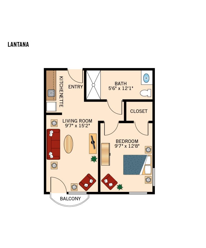 Assisted Living one bedroom floor plan at The Fountains at La Cholla.