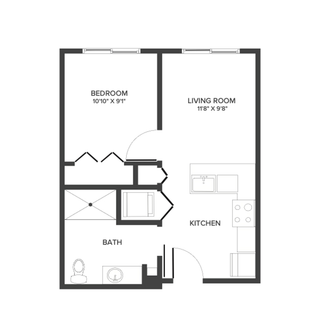 An assisted living suite floor plan with one bedroom and a bathroom.