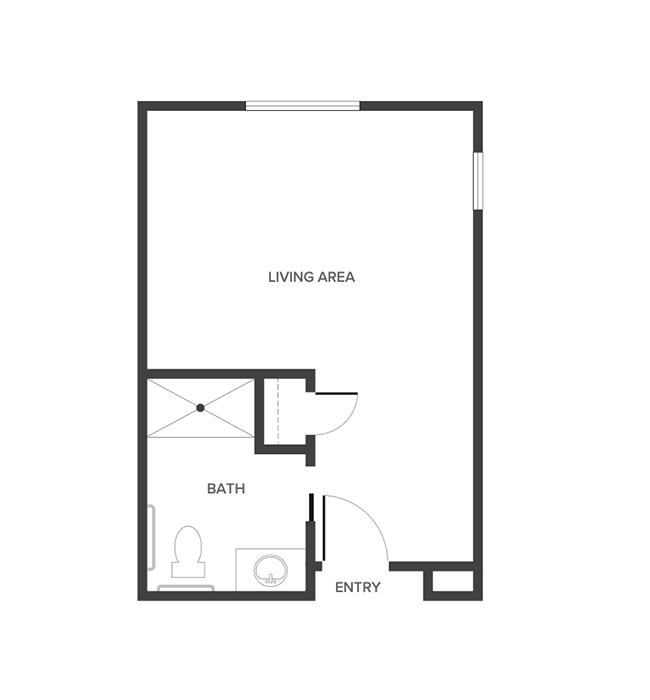 A memory care studio suite floor plan with an open living/bedroom space.