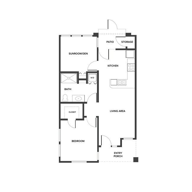A casita floor plan with one bedroom and a sunroom/den.