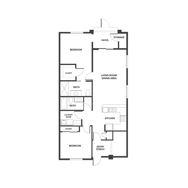 A casita floor plan with two bedrooms and two bathrooms.