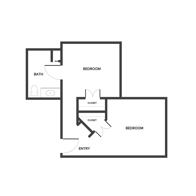 A memory care shared suite floor plan with two bedrooms and a bathroom.