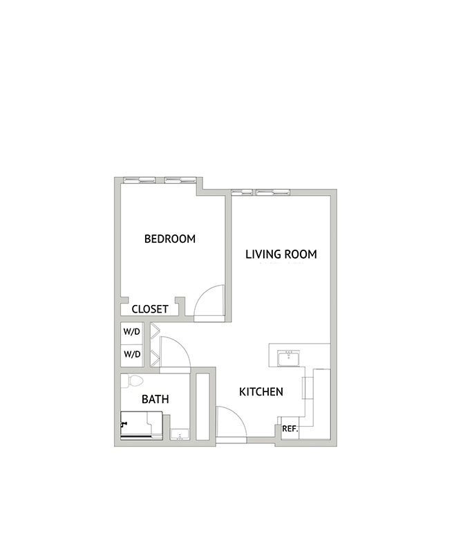 An assisted living suite floor plan with one bedroom and a bathroom.