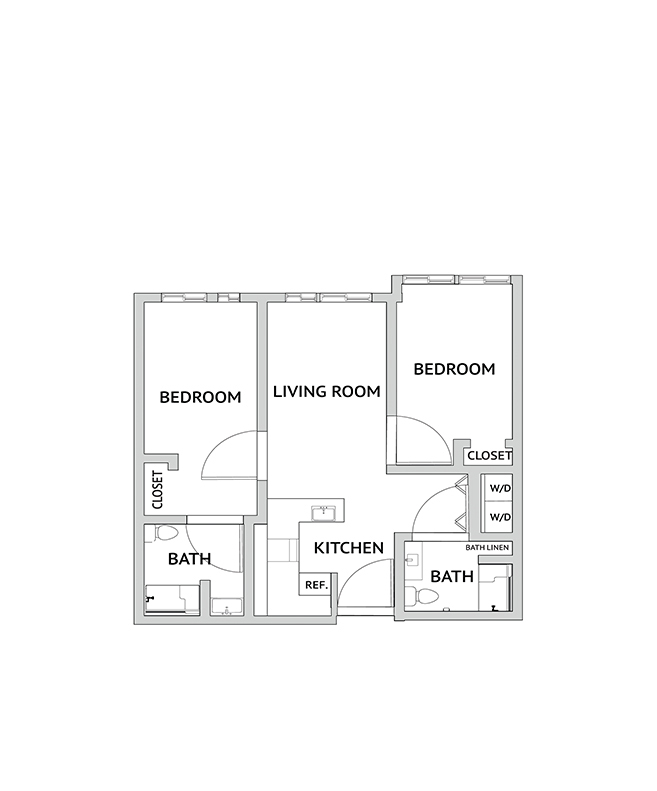 An assisted living suite floor plan with two bedrooms and two bathrooms.