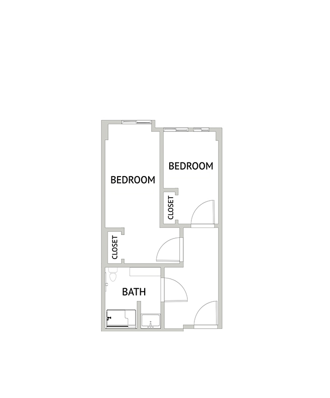 A memory care shared suite floor plan with two bedrooms and a bathroom.
