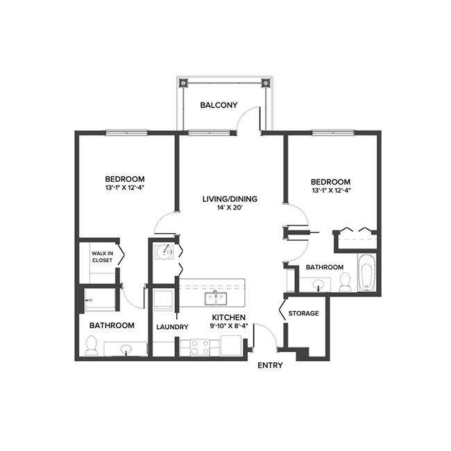 An Independent living suite floor plan with two bedroom.