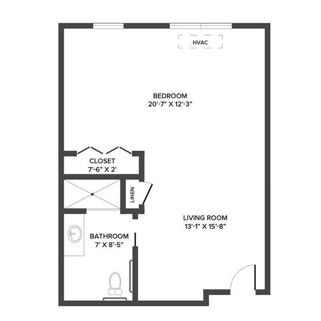 A memory care suite floor plan with one bedroom and a bathroom.