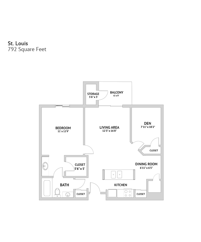 An independent living suite floor plan with one bedroom, a den, and approximately 792 square feet.