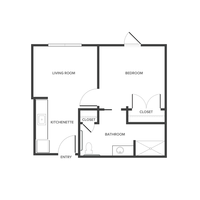 An assisted living suite floor plan with one bedroom and a bathroom.