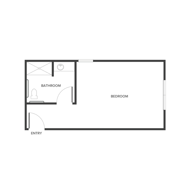 A memory care suite floor plan with one bedroom and a bathroom.
