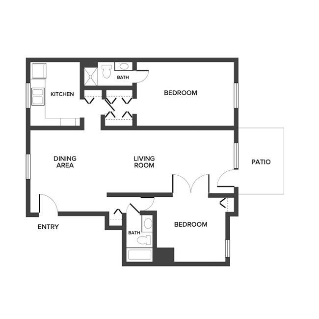 A floor plan with two bedrooms and a bathroom.