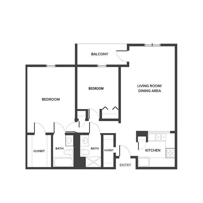 An independent living suite floor plan with two bedrooms and two bathrooms.
