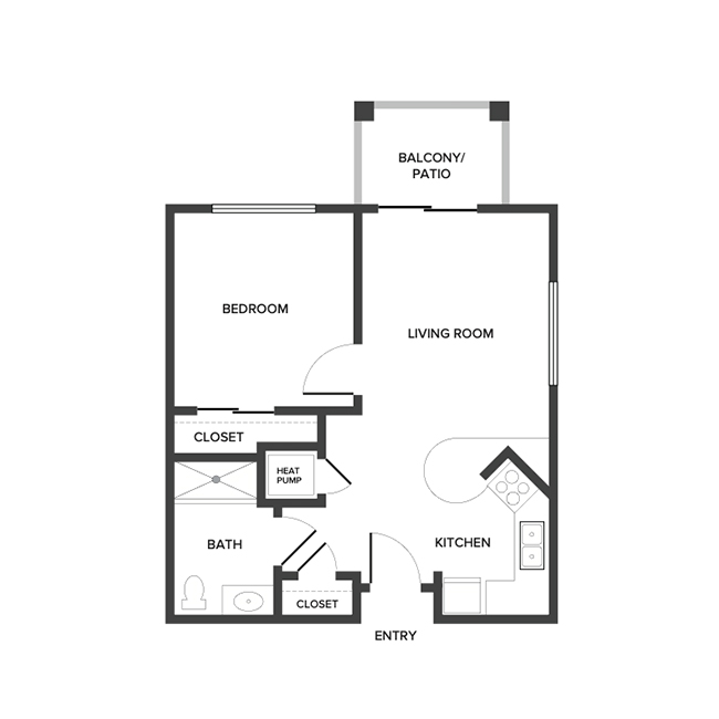 An independent living floor plan with one bedroom.