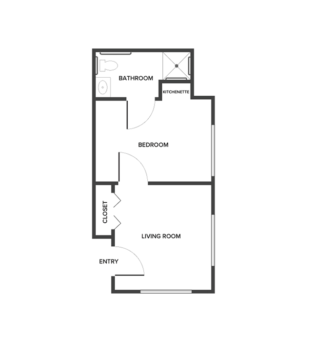 A floor plan with one bedroom and a bathroom.