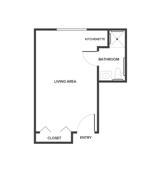 A studio suite floor plan with an open living/bedroom space and kitchenette.