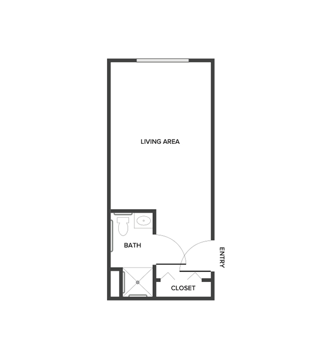A studio suite floor plan with an open living/bedroom space and kitchenette.