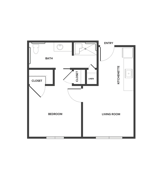 An assisted living suite floor plan with one bedroom and a bathroom.