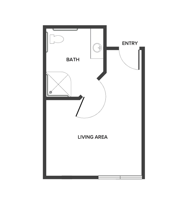 A memory care studio suite floor plan with an open living/bedroom space.