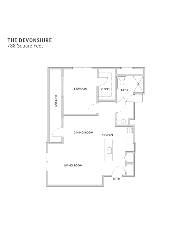 An assisted living suite floor plan with one bedroom and a bathroom.