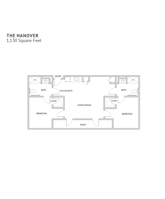 An assisted living suite floor plan with two bedrooms and approximately 1,130 square feet.