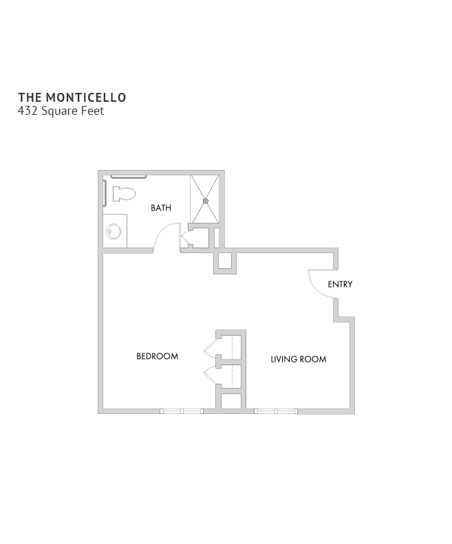 A memory care suite floor plan with one bedroom and a bathroom.