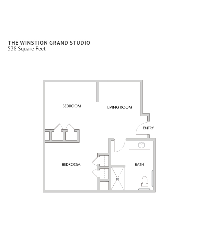 A memory care shared studio suite floor plan with two bedrooms and one bathroom.