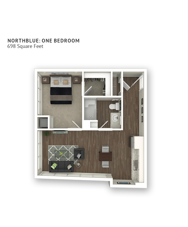 An assisted living suite floor plan with one bedroom and approximately 698 square feet.