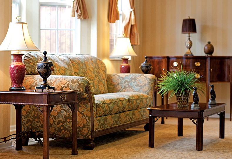Seating area by tables.