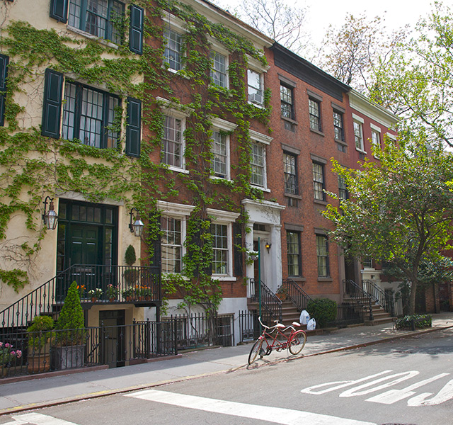 Exterior city building with windows and vines.