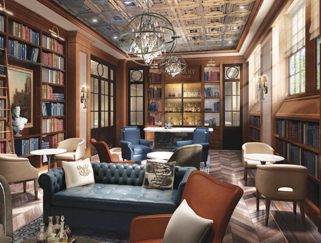 Library and wine bar at The Watermark at Brooklyn Heights.