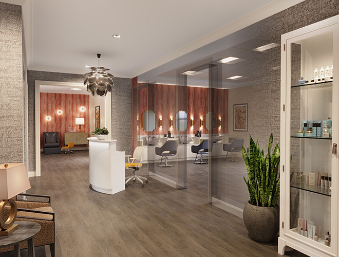 A Salon and Spa with relaxing nuances and seats.