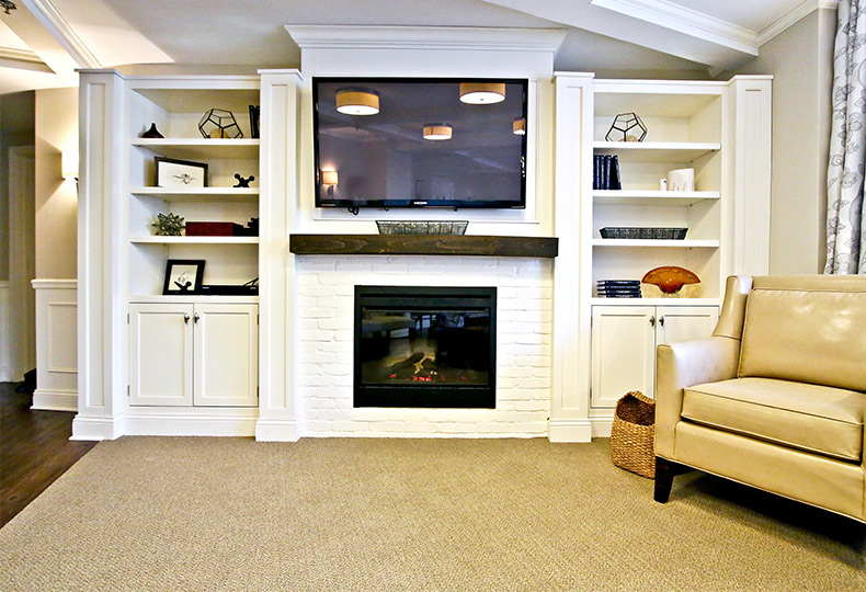 Seating area by a fireplace.