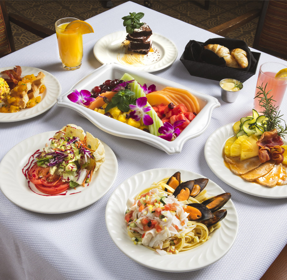 Various dinner dishes on a table.