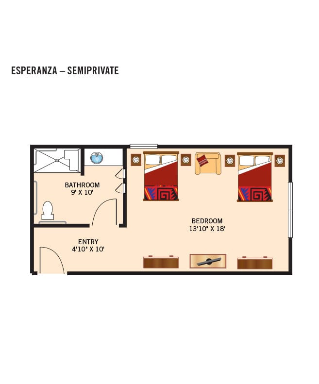 The Watermark at Cherry Hills Memory Care Semi-Private One Bedroom Floor Plan.