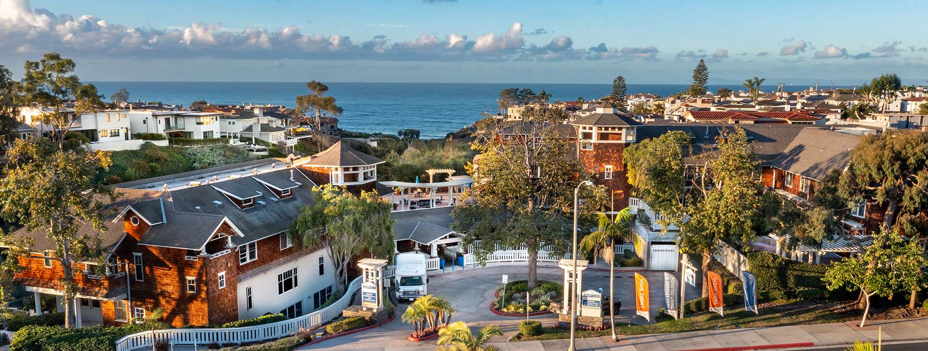 aerial view of Crown Cove with ocean in the background