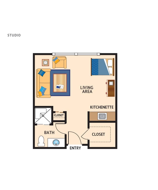 Assisted Living studio floor plan at Crown Cove.