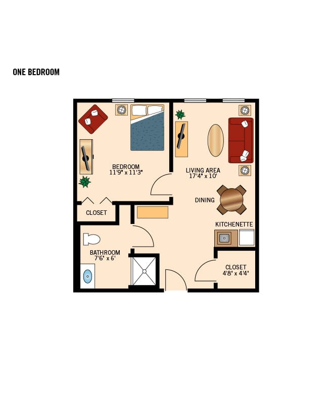 Assisted living one bedroom East Village Place floor plan 