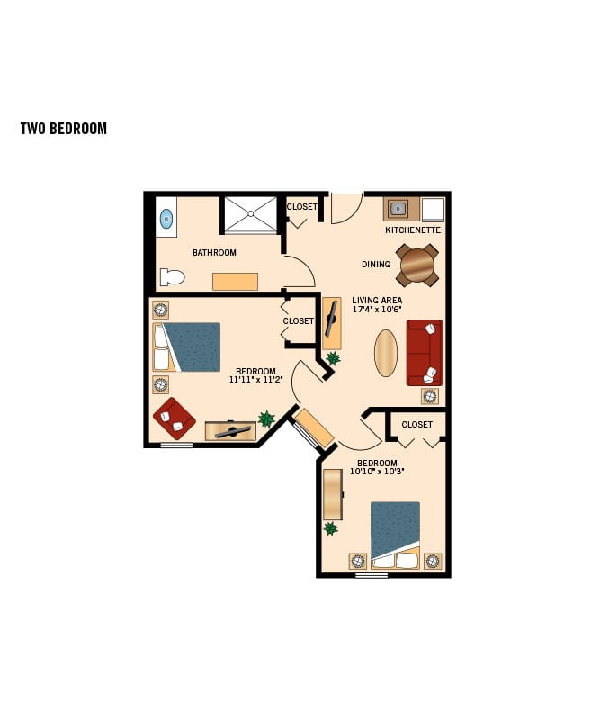 Assisted living two bedroom East Village Place floor plan