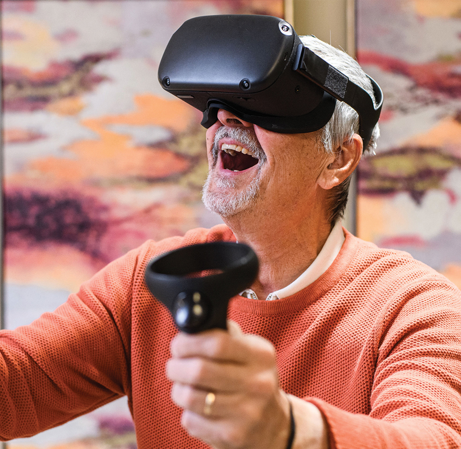 A resident is using an Engage VR set.