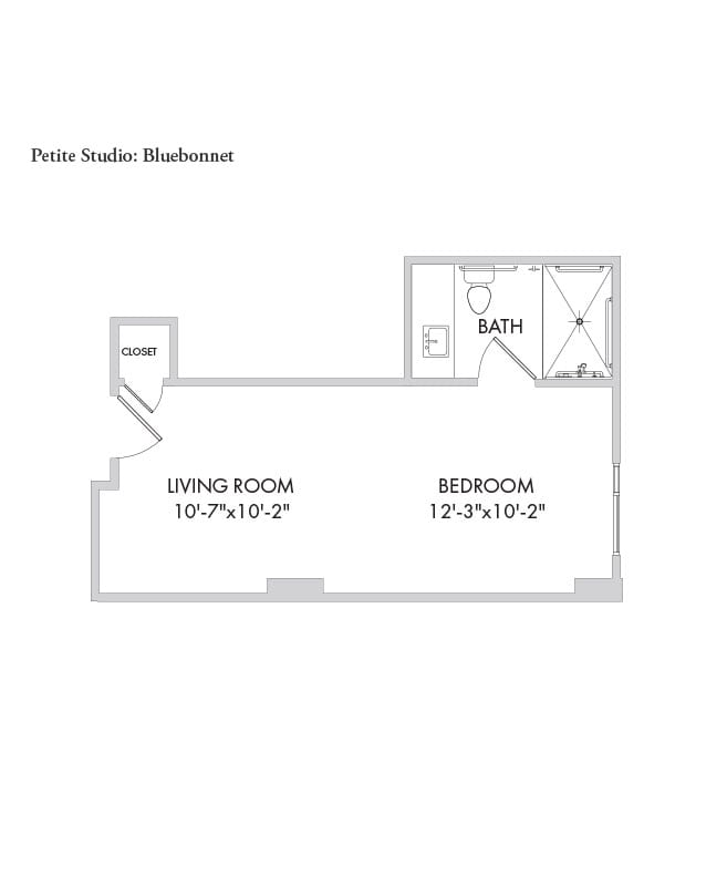 Memory care studio floor plan for The Watermark at Houston Heights.