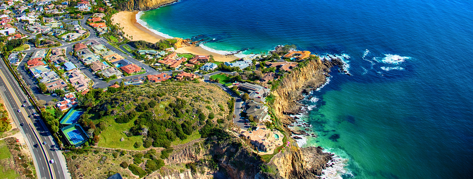 An aerial view of the coast.