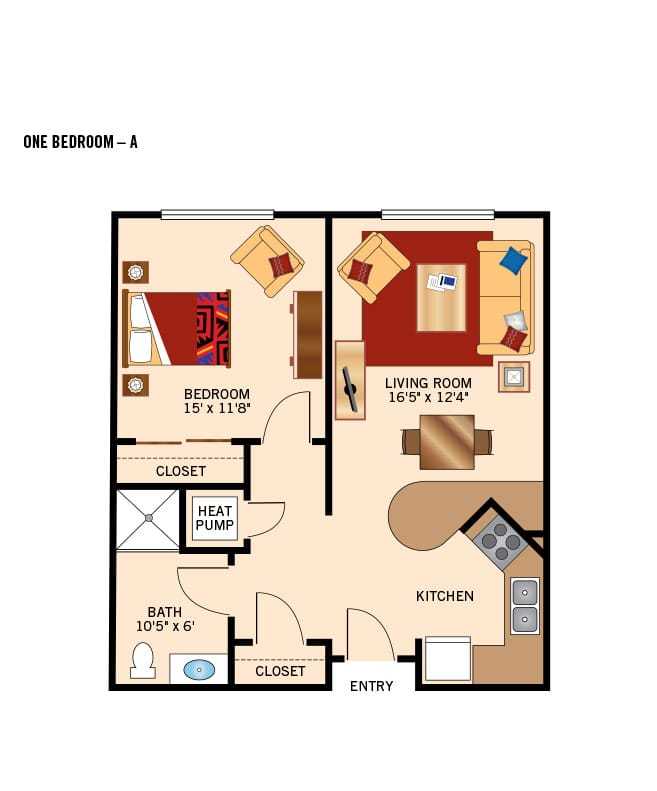 One bedroom apartment floor plan.