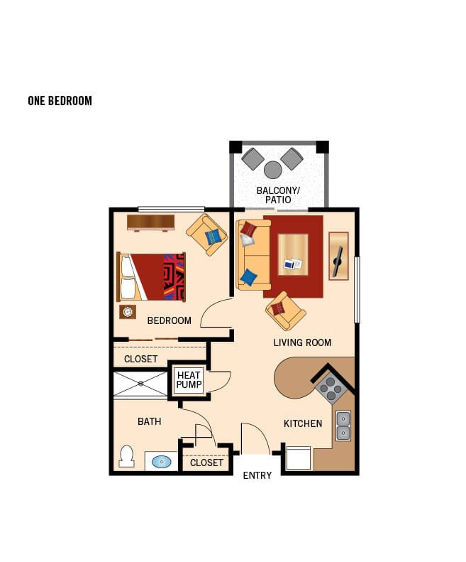 One bedroom apartment floor plan.