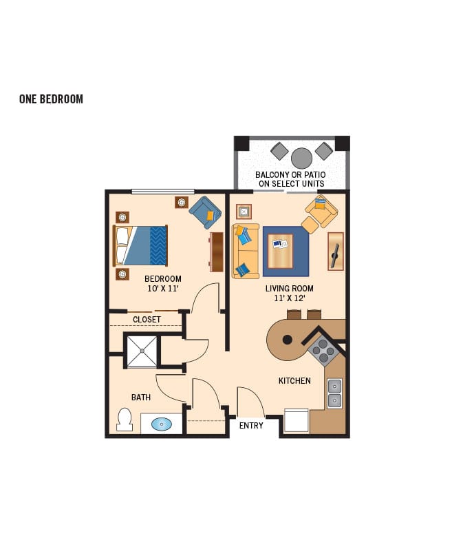 Independent living one bedroom floor plan for The Legacy at Erie Station.