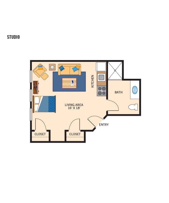 Independent living studio floor plan for The Legacy at Erie Station.