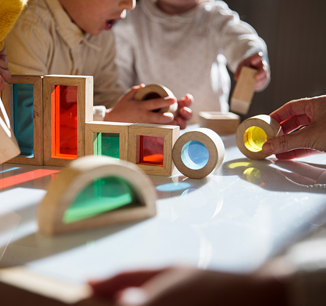 Toys on a table in a nursery.